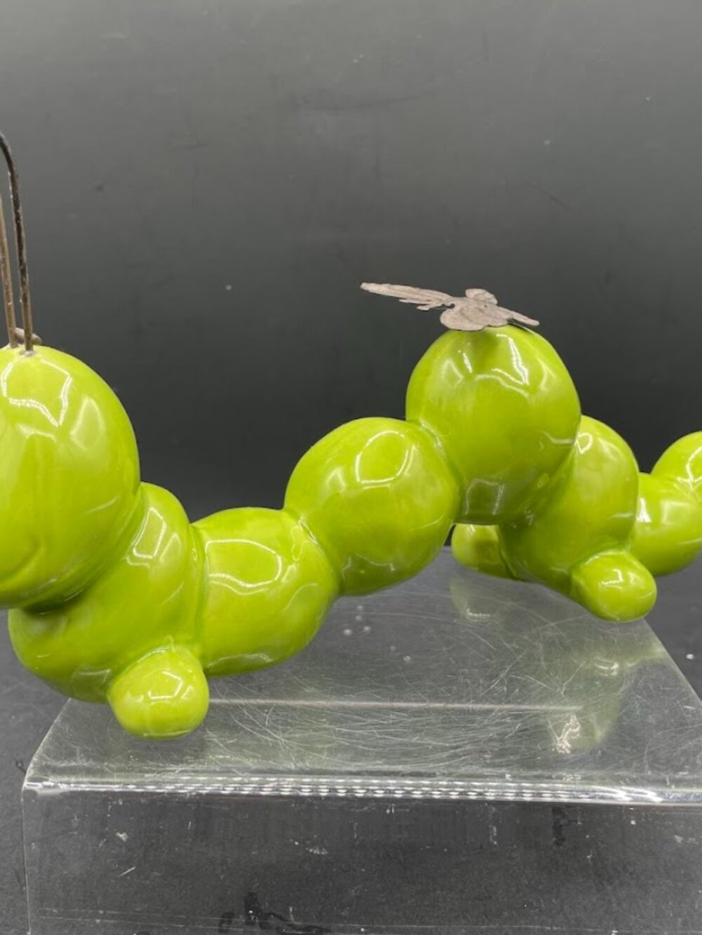 Lime Green Large Ceramic Inch Worm Figurine Metal Antenna and Butterfly Spring